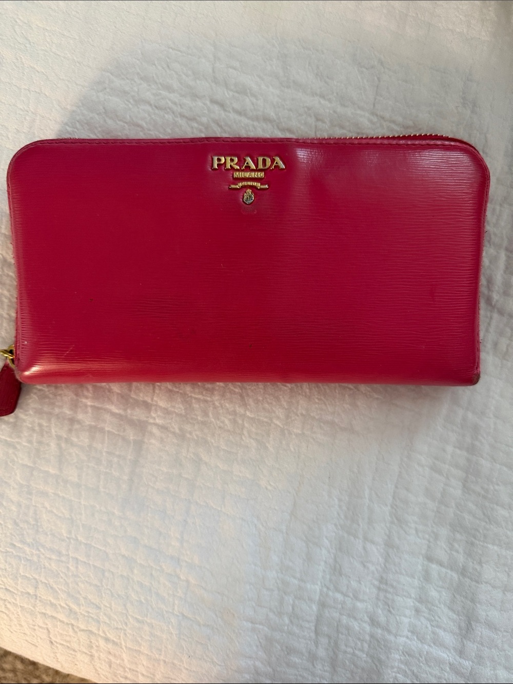 Prada Hot Pink Zip-Around Saffiano Leather Wallet with Gold Logo